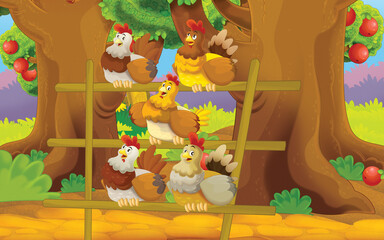 cartoon scene with chicken on the farm in the garden illustration for children