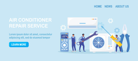 Professional service for repair of air conditioners. Maintenance, installation of cooling systems. Warranty repair and cleaning,  replacement of filters. Worker with wrench, screwdriver. Vector design