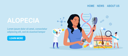 Alopecia and hair problems, baldness. Woman looks sadly at strands of hair in comb. Person feel upset because of hair loss. Dermatologist diagnosis health problem, lack of vitamins, amino acids