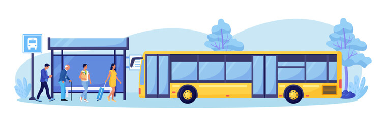 People Waiting for Autobus on Station Platform. Passengers Standing at Bus Stop. Urban Infrastructure. Woman with Luggage, Elderly Man going to Public Transport. Vector design © Nadezhda Buravleva