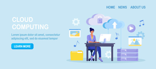 Cloud computing, online database, web hosting. People storing data and processing data on web server. Woman using computer upload and download information on cloud storage. Vector design