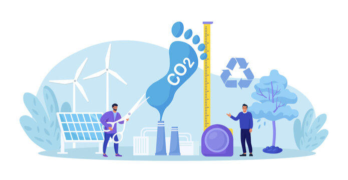Carbon footprint as CO2 emission pollution. Human impact on planet ecosystem. Foot symbol as industrial toxic effect. Reduce dioxide greenhouse gases with alternative energy, decrease emission produce