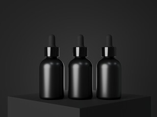Black cosmetic dropper bottle mockup, facial serum packaging and branding visualization, care product template