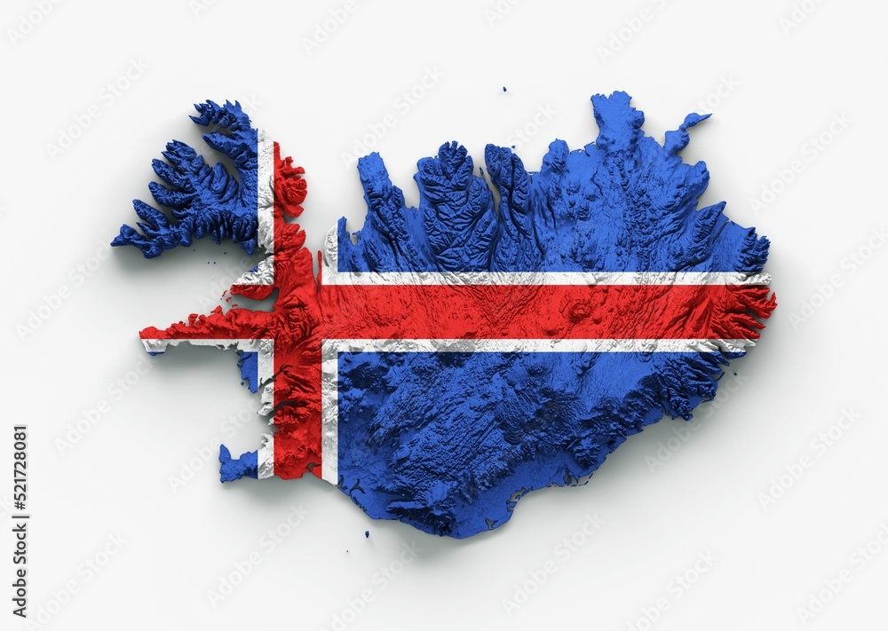 Poster 3d illustration of the iceland map with a flag and shaded relief on the white background