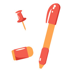 Set of colorful stationery items - button, eraser, pen, pencil. School and work supplies. Flat style isolated on white background.