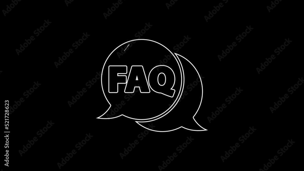 Poster white line speech bubble with text faq information icon isolated on black background. circle button 