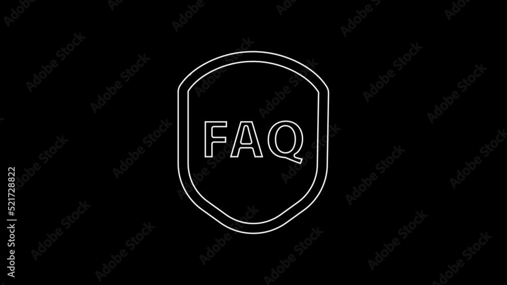 Poster white line shield with text faq information icon isolated on black background. guard sign. security,