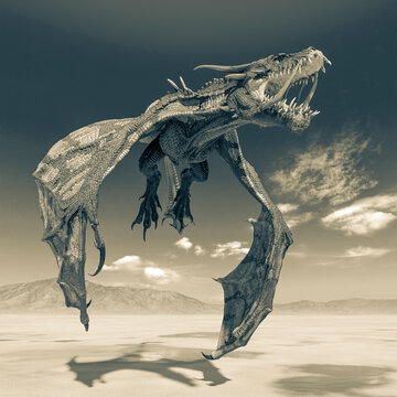 dragon is passing by on desert after rain