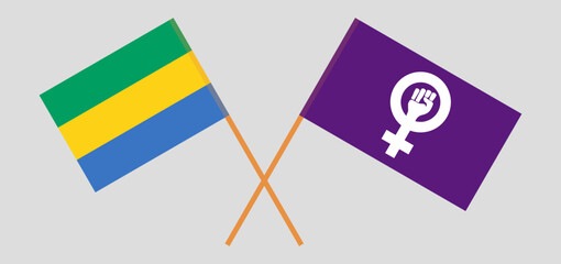Crossed flags of Gabon and Feminism. Official colors. Correct proportion