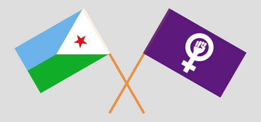 Crossed flags of Djibouti and Feminism. Official colors. Correct proportion