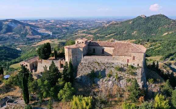 aerial view of Montebello castle also named Azzurrina castle. Poggio Torriana, Emilia Romagna, Italy