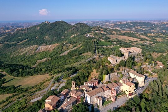 aerial view of Montebello village and his castle also named Azzurrina castle. Poggio Torriana, Emilia Romagna, Italy