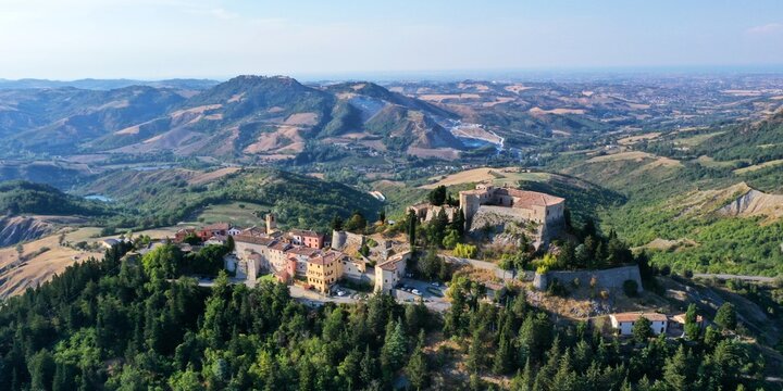 aerial view of Montebello village and his castle also named Azzurrina castle. Poggio Torriana, Emilia Romagna, Italy