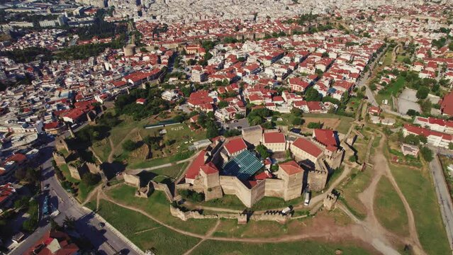 aerial view of fortress of seven towers Heptapyrgion fortress, Thessaloniki, Greece. High quality 4k footage