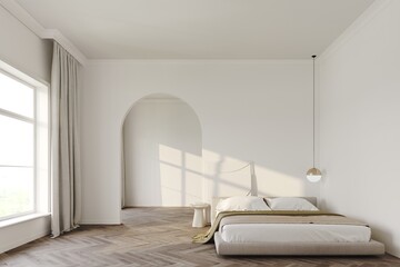 3d render of a minimalistic classic style bedroom, bas-relief decor on the wall, wooden parquet, decoration.  Archway for the entrance. Mockup frame	