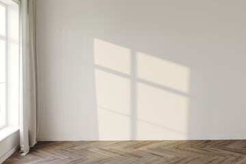 Fototapeta premium Empty room with wood parquet and a large window overlooking the garden, interior background and 3d render, light and shadow on the white wall 