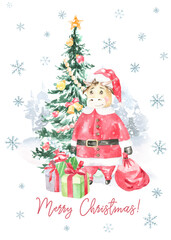Watercolor winter forest,Christmas card illustration Merry Christmas text.Red bull in santa costume.Happy New Year character,Christmas tree, snowflakes,snowfall, present,Christmas Eve,greeting card