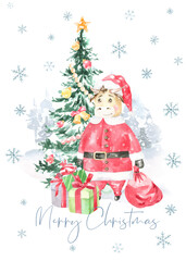 Watercolor winter forest,Christmas card illustration Merry Christmas text.Red bull in santa costume.Happy New Year character,Christmas tree, snowflakes,snowfall, present,Christmas Eve,greeting card