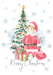 Watercolor winter forest,Christmas card illustration Merry Christmas text.Red bull in santa costume.Happy New Year character,Christmas tree, snowflakes,snowfall, present,Christmas Eve,greeting card