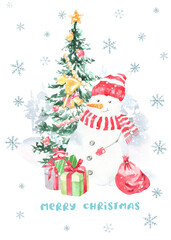 Watercolor winter forest,Christmas card illustration Merry Christmas text.Snowmen in clothes.Happy New Year character,Christmas tree, snowflakes, snowfall, wintpresent,Christmas Eve,greeting card diy