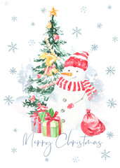 Watercolor winter forest,Christmas card illustration Merry Christmas text.Snowmen in clothes.Happy New Year character,Christmas tree, snowflakes, snowfall, wintpresent,Christmas Eve,greeting card diy