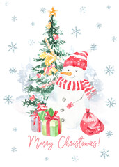 Watercolor winter forest,Christmas card illustration. Happy New Year characters, Snowman,Christmas tree, snowflakes, floral frame,greenery, snowfall, presents,santa costume,Christmas Eve,greeting card