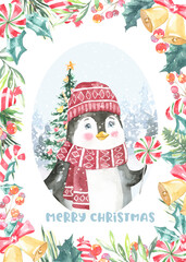 Watercolor Christmas Pinguin, Merry Christmas card  illustration. Happy New Year characters, winter forest, floral festive frame,candy cane, greenery, bells, cartoon, Christmas Eve,greeting card print