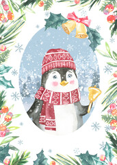 Watercolor Christmas Pinguin card illustration,place for text. Happy New Year characters, winter forest, floral festive frame,candy cane, greenery, bells, cartoon, Christmas Eve,greeting card print