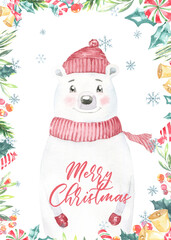 Watercolor Christmas cute Bear Merry Christmas card illustration. Happy New Year characters, winter forest, floral festive frame,candy cane, greenery, bells, cartoon, Christmas Eve,greeting card print