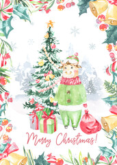 Watercolor winter forest,Christmas card illustration. Bull Happy New Year characters, Christmas tree, snowflakes, floral frame,greenery, snowfall, presents,santa costume,Christmas Eve,greeting card