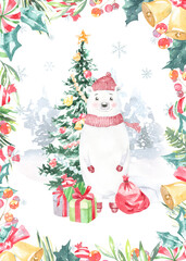 Watercolor winter forest,Christmas card illustration. Bear Happy New Year characters,Christmas tree, snowflakes, floral frame,greenery, snowfall, presents,santa costume,Christmas Eve,greeting card