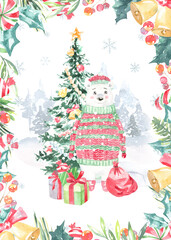 Watercolor winter forest,Christmas card illustration. Bear Happy New Year characters,Christmas tree, snowflakes, floral frame,greenery, snowfall, presents,santa costume,Christmas Eve,greeting card
