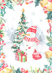 Watercolor winter forest,Christmas card illustration. Snowman Happy New Year characters, Christmas tree, snowflakes, floral frame,greenery, snowfall, presents,santa costume,Christmas Eve,greeting card
