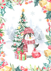 Watercolor winter forest,Christmas card illustration. Pinguin Happy New Year characters, Christmas tree, snowflakes, floral frame,greenery, snowfall, presents,santa costume,Christmas Eve,greeting card