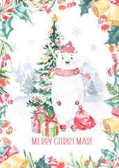 Watercolor winter forest,Christmas card illustration. Bear Happy New Year characters,Christmas tree, snowflakes, floral frame,greenery, snowfall, presents,santa costume,Christmas Eve,greeting card