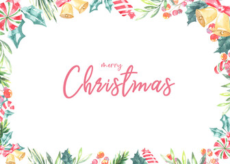 Watercolor Merry Christmas greenery floral frame with fir branches,holly berry and place for text.New year background, border,greenery, presents,holiday decoration,greeting card, invite,print,poster