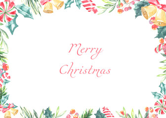 Watercolor Merry Christmas greenery floral frame with fir branches,holly berry and place for text.New year background, border,greenery, presents,holiday decoration,greeting card, invite,print,poster