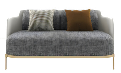 Grey canvas sofa and pillows on transparent background. png. 3d rendering