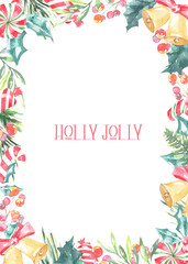 Fototapeta premium Watercolor Holly Jolly greenery floral frame with fir branches,holly berry and place for text.New year background, border,greenery, presents,holiday decoration,greeting card, invite,print,poster 