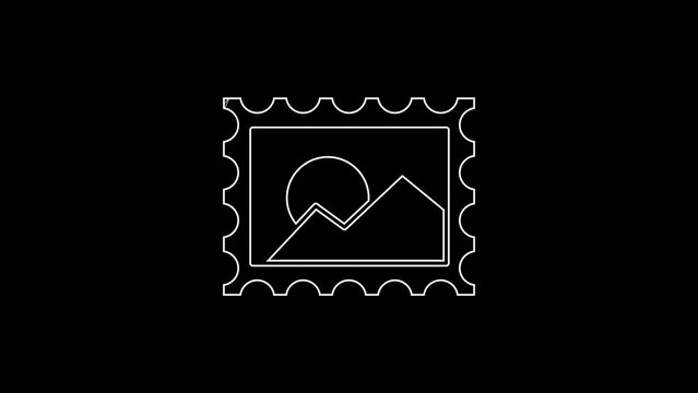 White line Postal stamp icon isolated on black background. 4K Video motion graphic animation