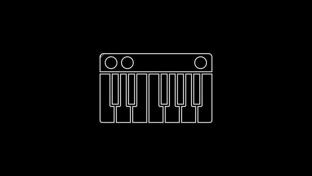 White line Music synthesizer icon isolated on black background. Electronic piano. 4K Video motion graphic animation