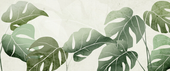 Abstract tropical art background with monstera leaves in a watercolor style. Vector botanical banner for wallpaper, decor, print, interior design. © VectorART