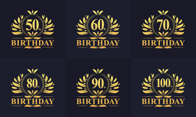 Obraz premium Vintage Retro Birthday logo set. Luxurious golden birthday logo bundle. 50th, 60th, 70th, 80th, 90th, 100th happy birthday logo bundle.