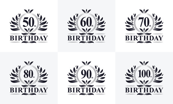 Vintage Retro Birthday logo set. Luxurious golden birthday logo bundle. 50th, 60th, 70th, 80th, 90th, 100th happy birthday logo bundle.