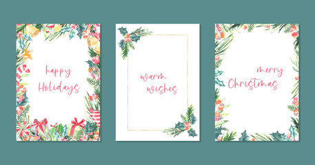 Fototapeta na wymiar Watercolor Christmas frame with fir branches,holly berry and place for text.New year background, border,greenery, presents,jingle bells, nursery holiday decoration,greeting card, invite,print,poster