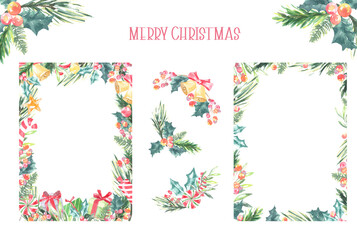 Merry Christmas greenery Frame, floral bouquet, snowflakes,wreath illustration with place for text. Happy New Year card design print,printable, postcard,flyer. Bells,presents, cute,candy, decor, diy