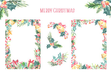 Merry Christmas greenery Frame, floral bouquet, snowflakes,wreath illustration with place for text. Happy New Year card design print,printable, postcard,flyer. Bells,presents, cute,candy, decor, diy