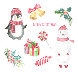 Watercolor Christmas Character, frame, card illustration. Pinguin, bear, floral greenery, frame, bouquet. Candy, presents, bell, greeting card, happy new year, xmas, postcard, invitation, flyer.