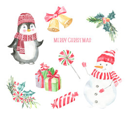 Watercolor Christmas Character, frame, card illustration. Pinguin, snowman, floral greenery, frame, bouquet. Candy, presents, bell, greeting card, happy new year, xmas, postcard, invitation, flyer.