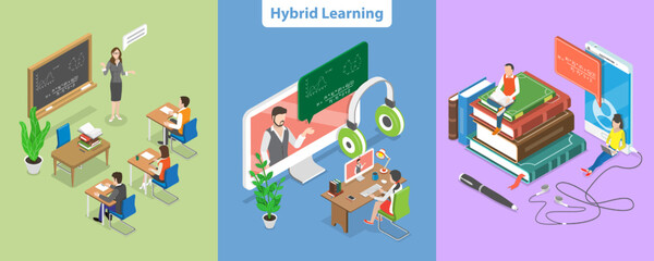 Fototapeta na wymiar 3D Isometric Flat Vector Conceptual Illustration of Hybrid or Blended Learning, Digital Classroom, Online Education
